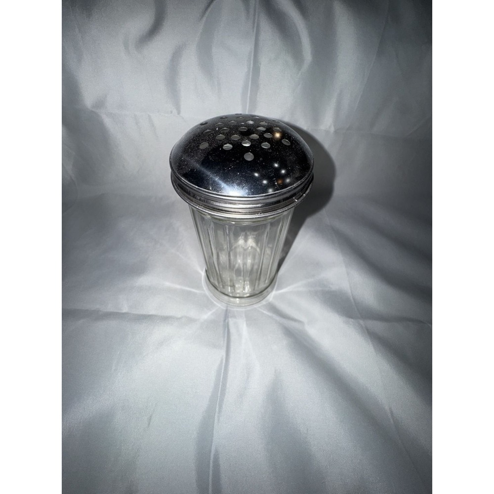 Vintage Ribbed Glass Parmesan Cheese or Sugar Shaker with Stainless Steel Lid